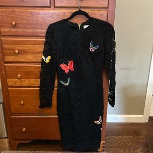 Nicole Miller black lace butterfly dress with gold zip
